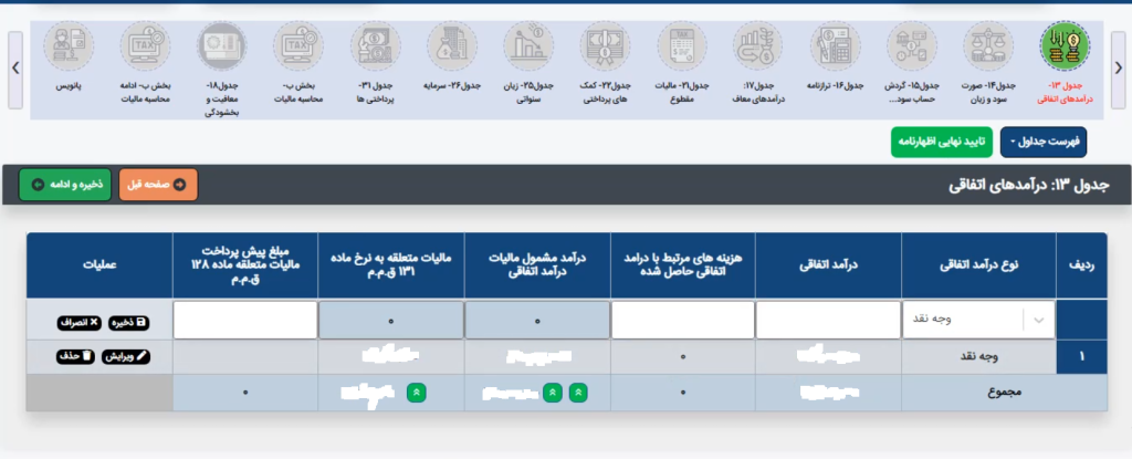 جدول درآمدهای اتفاقی اظهارنامه مالیاتی اشخاص حقوقی